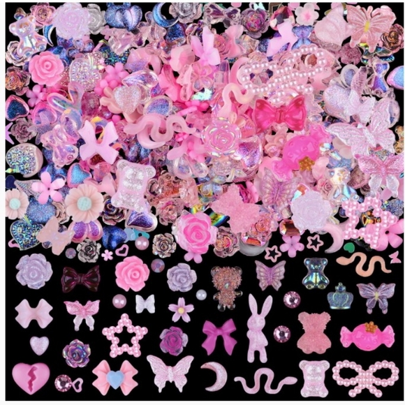 3D Nail Charm Art NEW Pink -100 Mixed Pieces -Rabbit, Butterfly, Rose, Heart Etc - Picture 7 of 8
